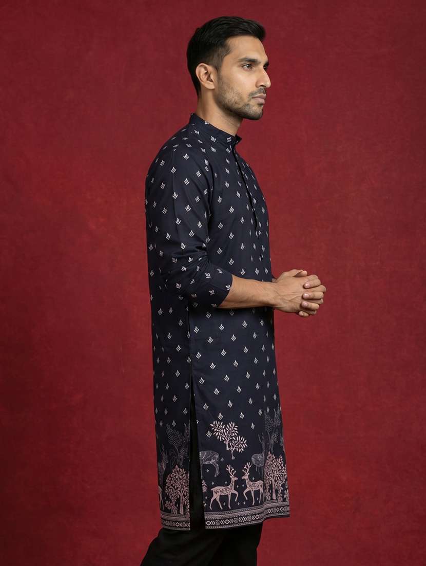Men Self Design Mandarin Neck Long Kurta - 22615689 -  Standard Image - 3