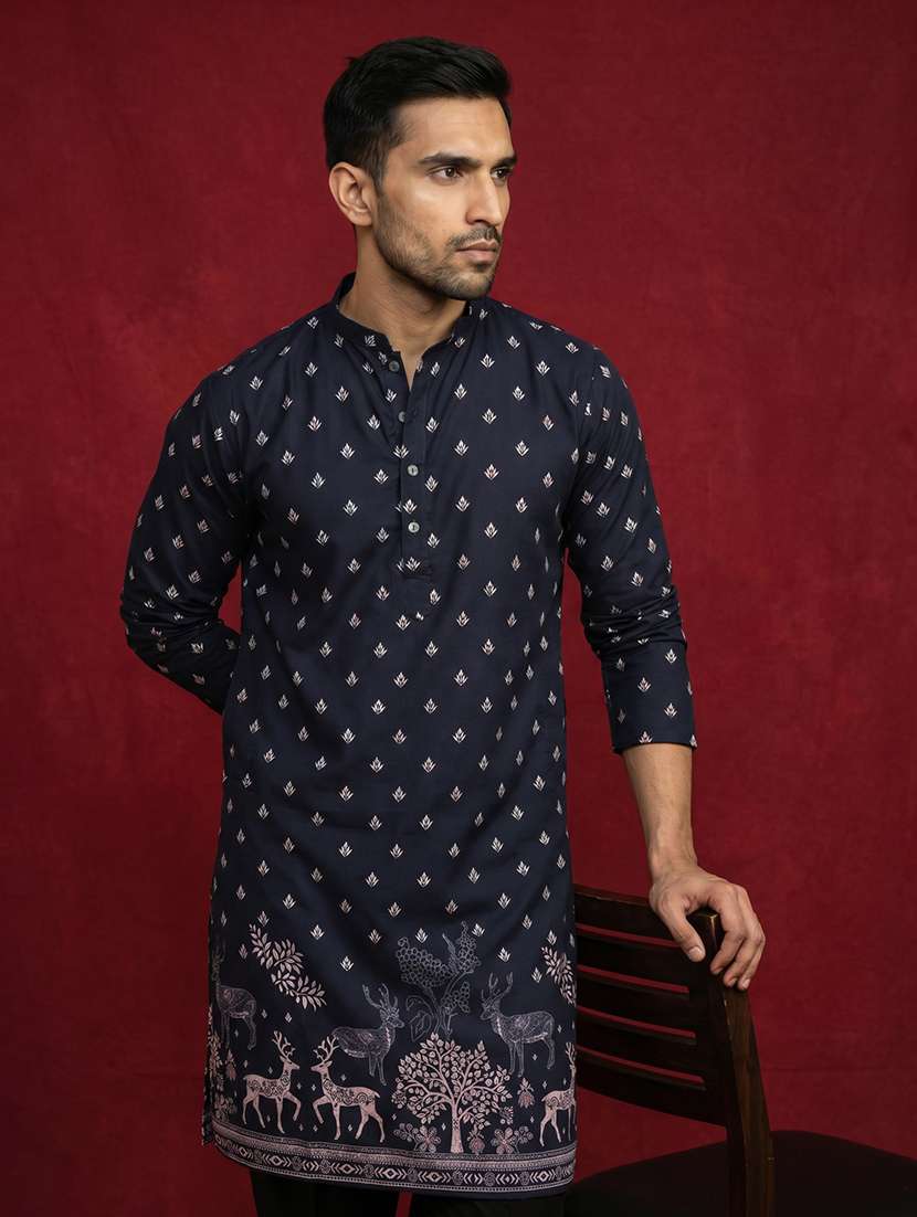 Men Self Design Mandarin Neck Long Kurta - 22615689 -  Standard Image - 5