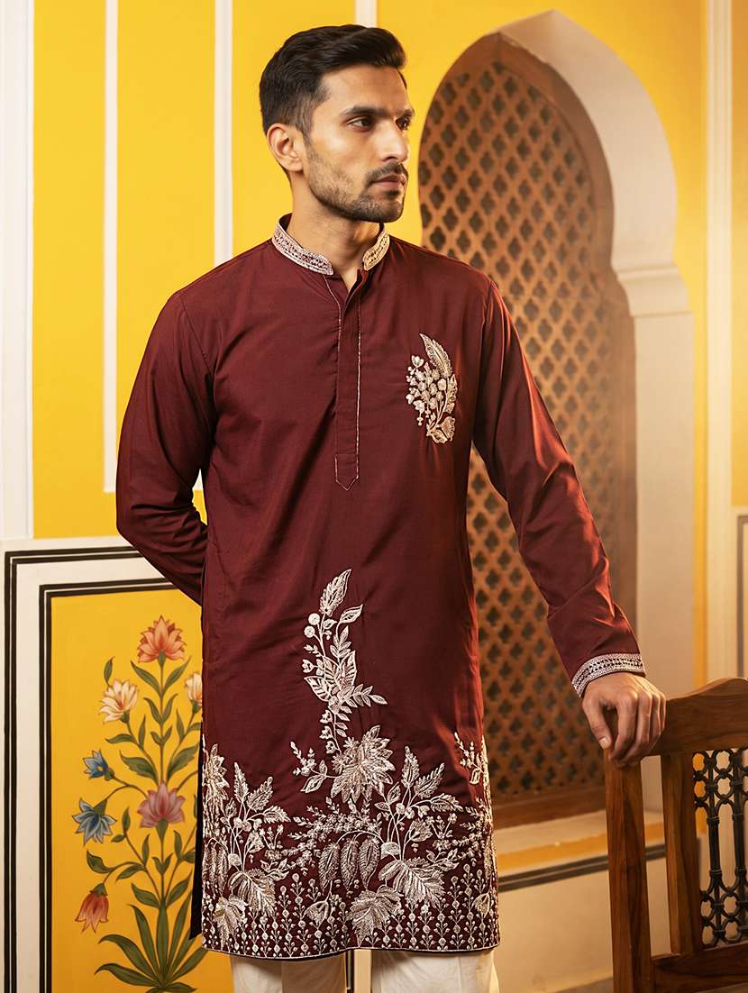 men solid with work mandarin neck long kurta