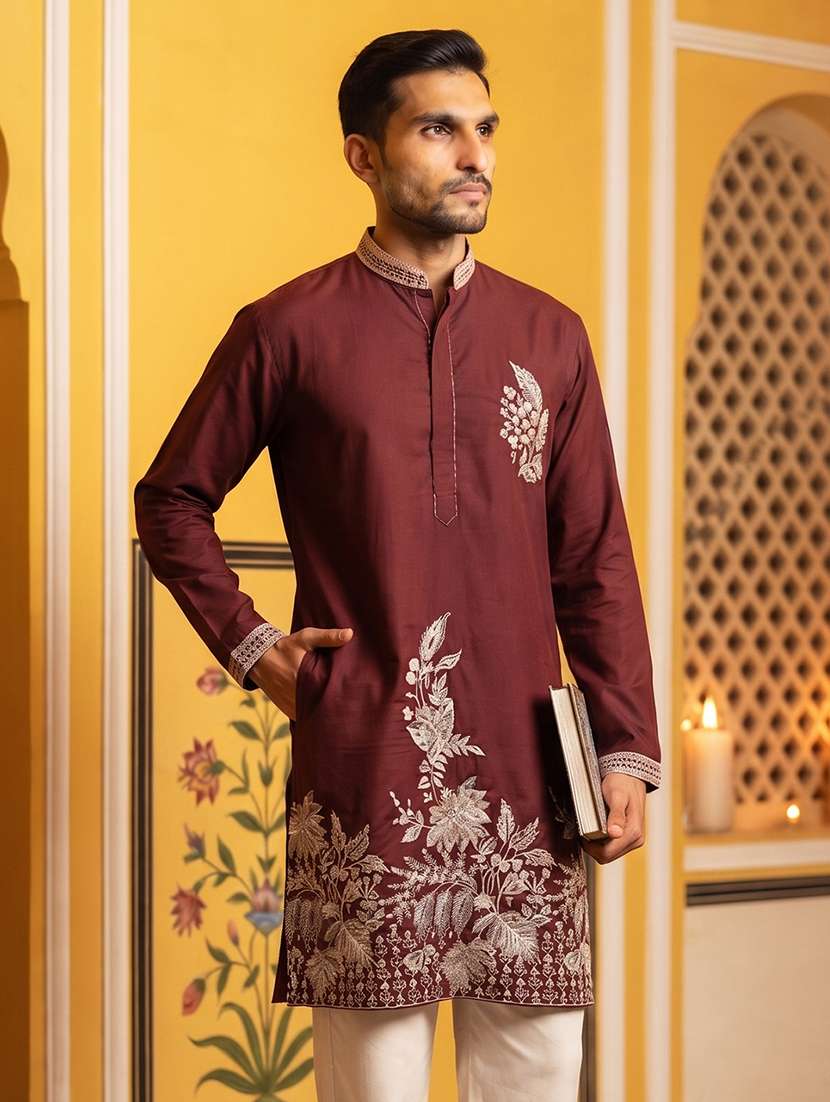 men solid with work mandarin neck long kurta - 22615699 -  Standard Image - 3