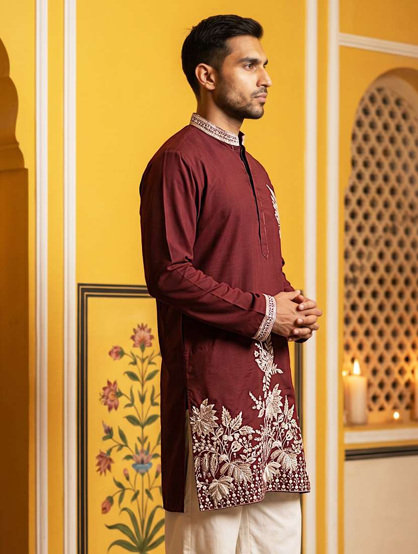 men solid with work mandarin neck long kurta - 22615699 -  Standard Image - 5