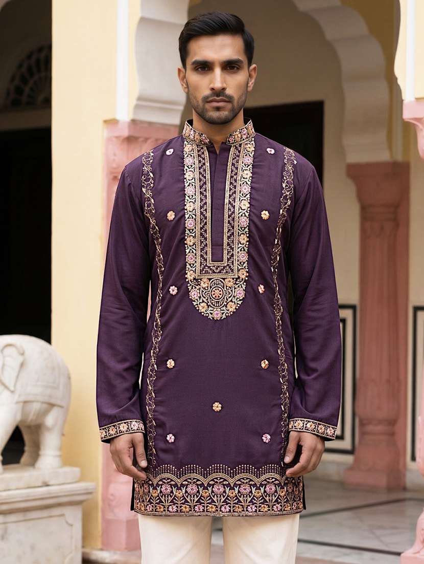 men embroidered mandarin neck short kurta