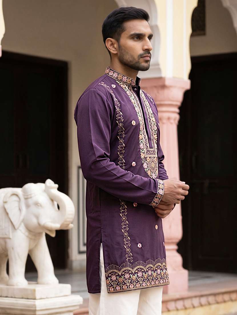 Men Embroidered Mandarin Neck Short Kurta - 22615705 -  Standard Image - 3