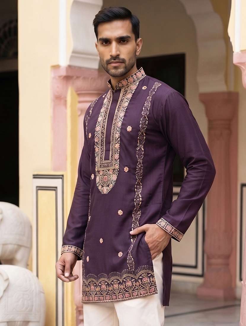 Men Embroidered Mandarin Neck Short Kurta - 22615705 -  Standard Image - 5