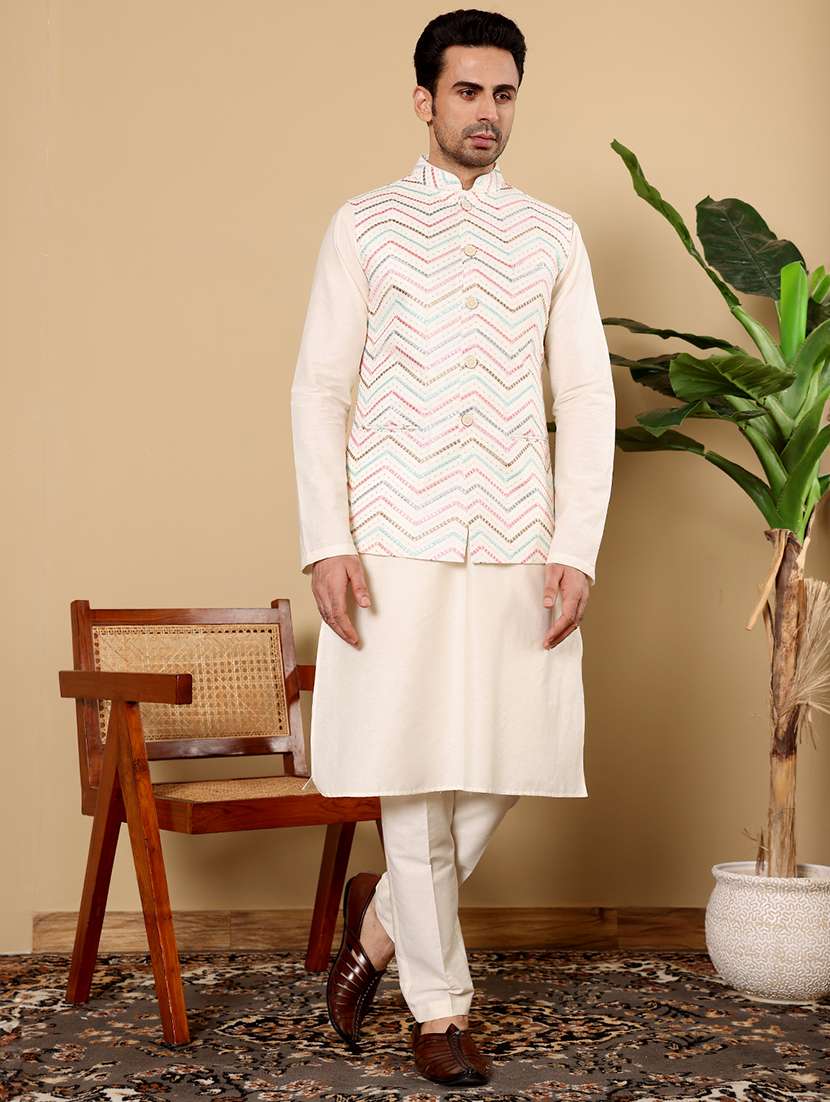 men embroidered mandarin neck kurta pyjama with jacket