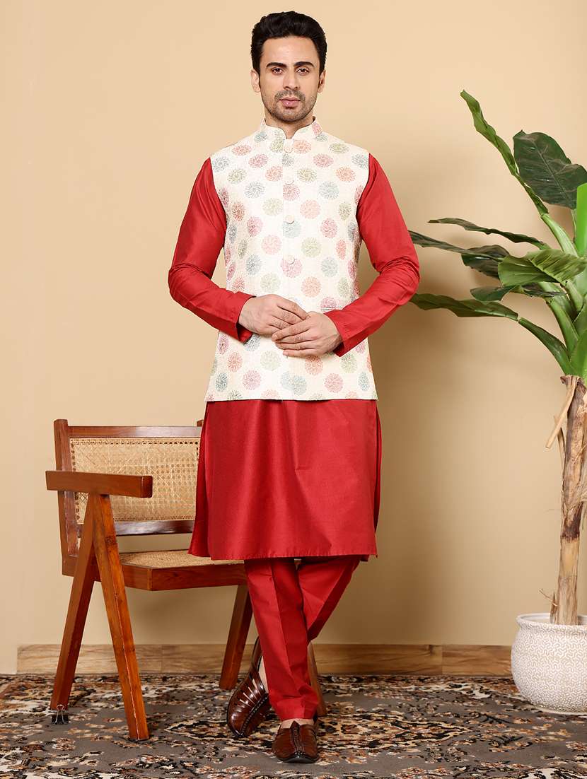 men self design mandarin neck kurta pyjama with jacket