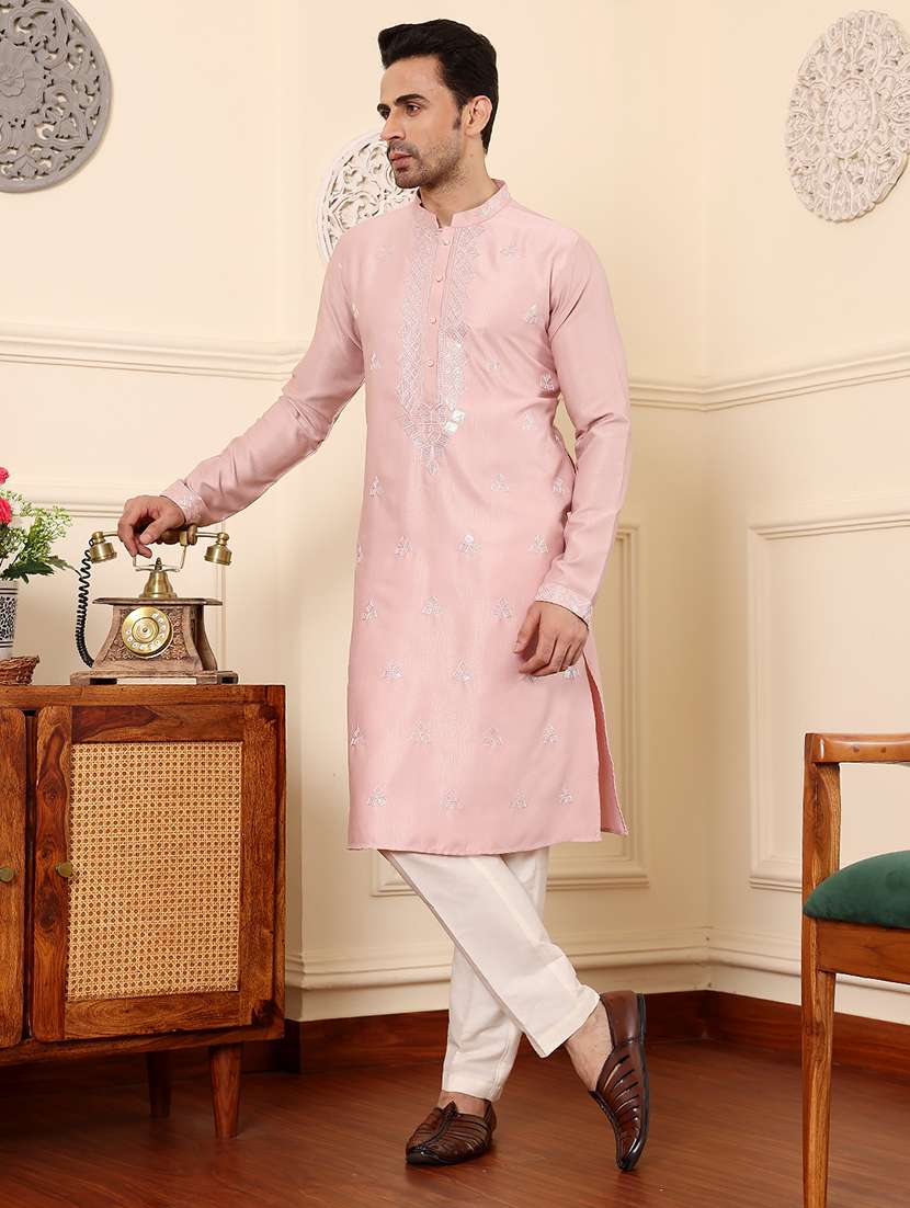 men embroidered mandarin neck kurta pyjama set - 22615825 -  Standard Image - 5