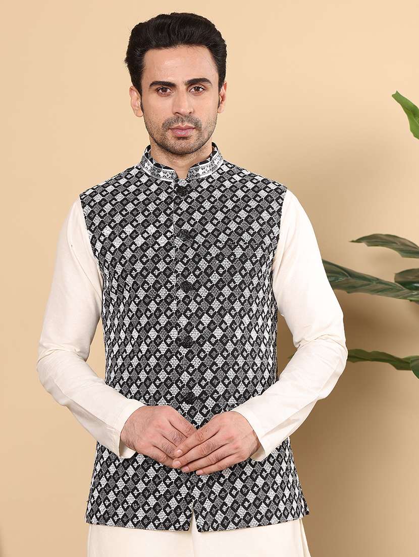 men embroidered sleeveless nehru jacket