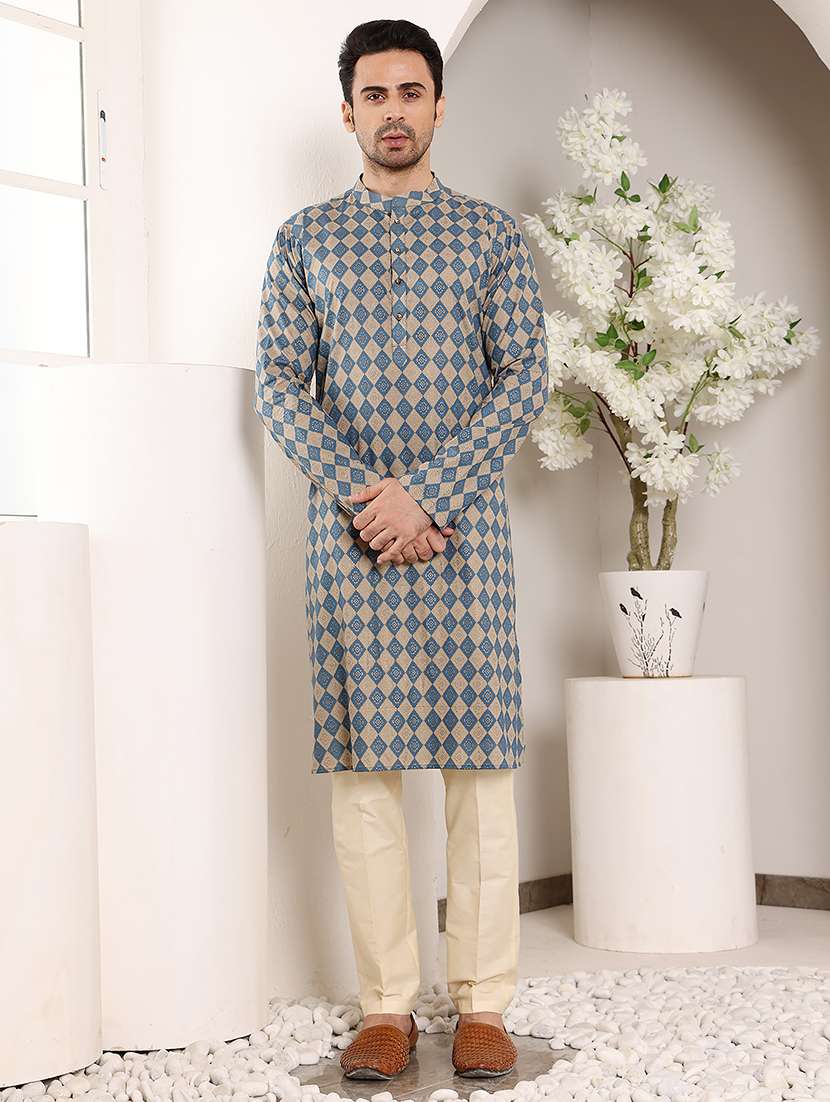 men printed mandarin neck long kurta