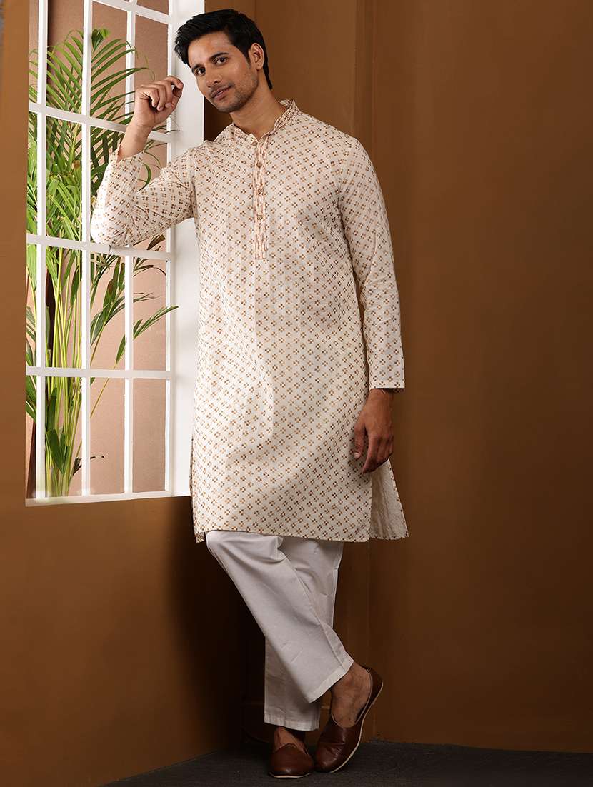 men printed mandarin neck long kurta