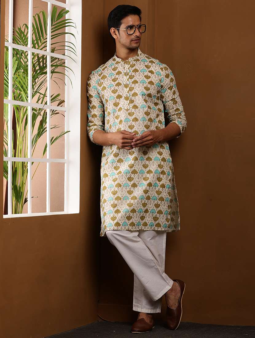 men printed mandarin neck long kurta