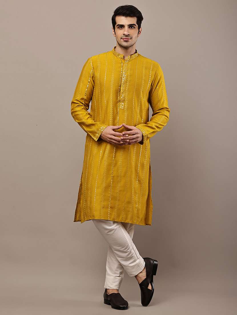 men solid with work mandarin neck long kurta