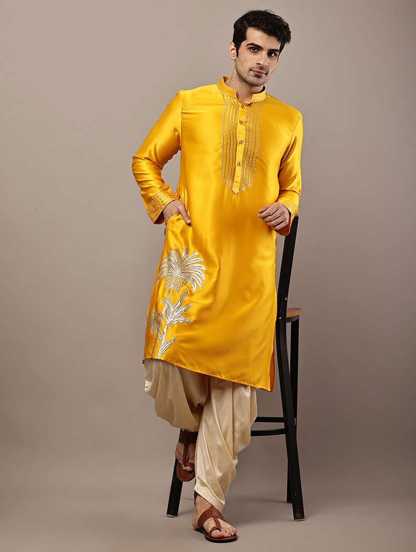 men solid with work mandarin neck long kurta