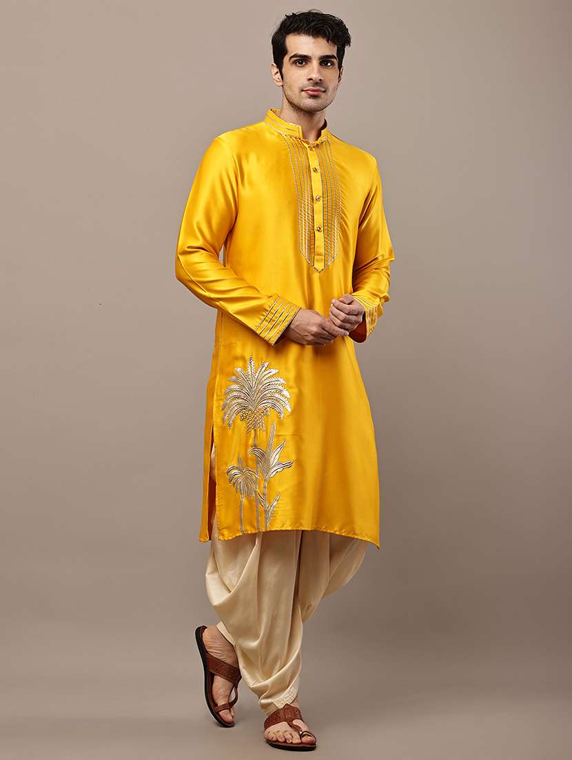 men solid with work mandarin neck long kurta - 22615973 -  Standard Image - 3