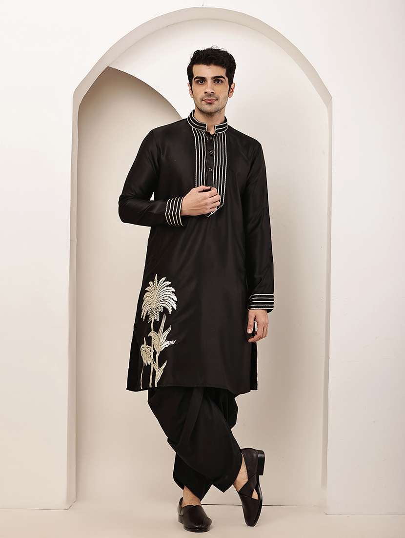 men solid with work mandarin neck long kurta