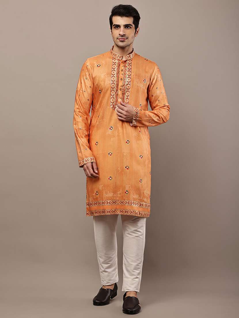 men printed mandarin neck long kurta