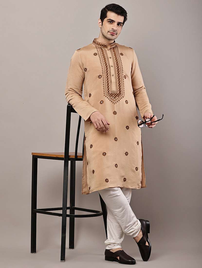 men solid with work mandarin neck long kurta