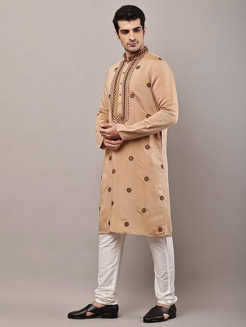 men solid with work mandarin neck long kurta - 22615976 -  Standard Image - 3