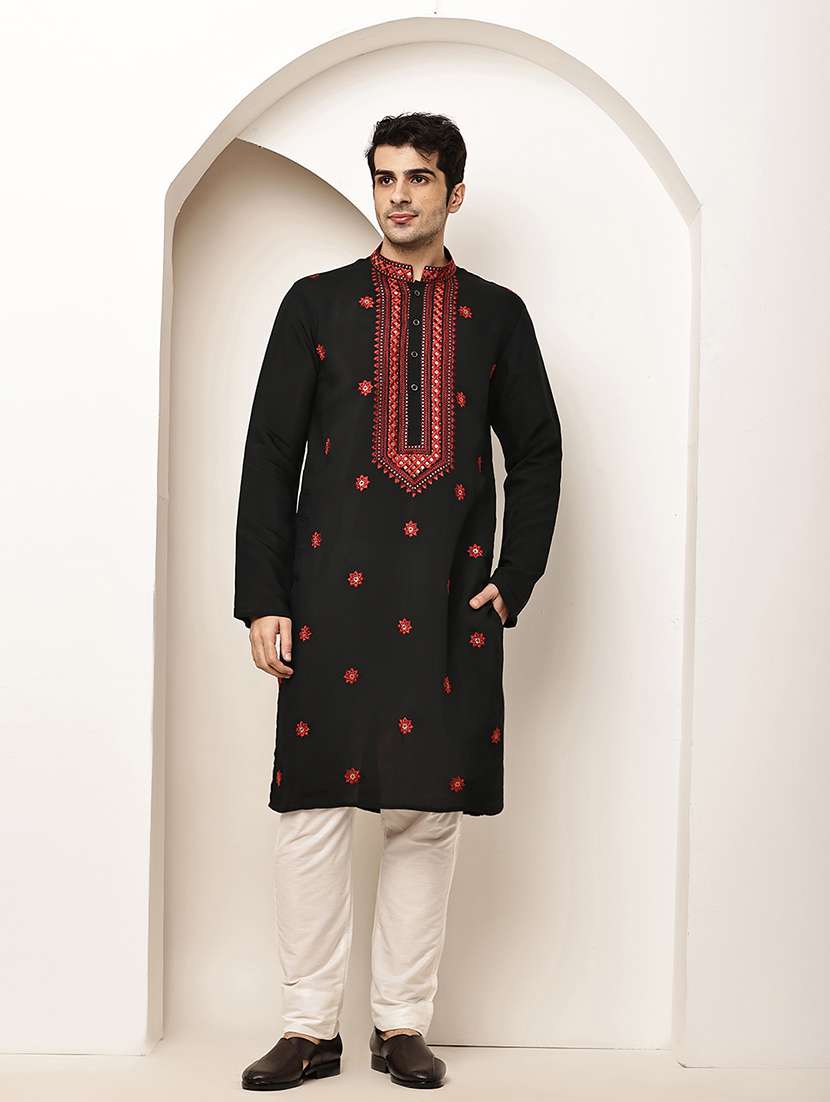 men solid with work mandarin neck long kurta