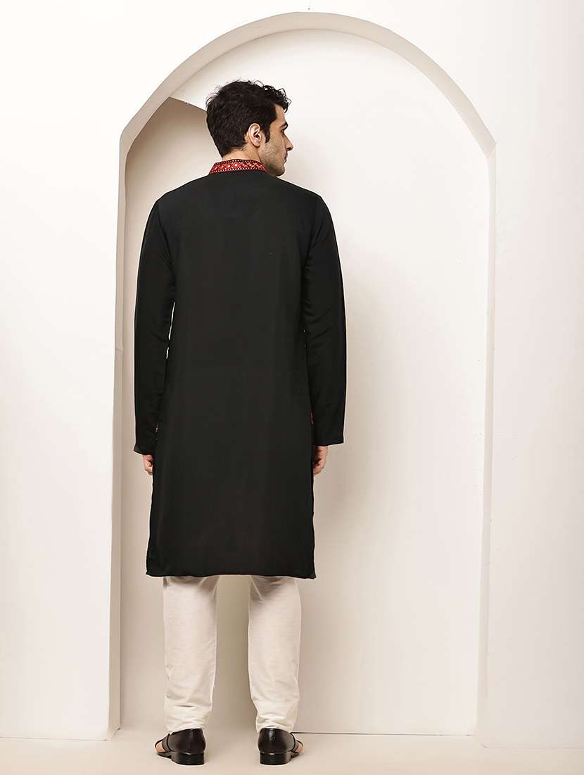 men solid with work mandarin neck long kurta - 22615977 -  Standard Image - 3