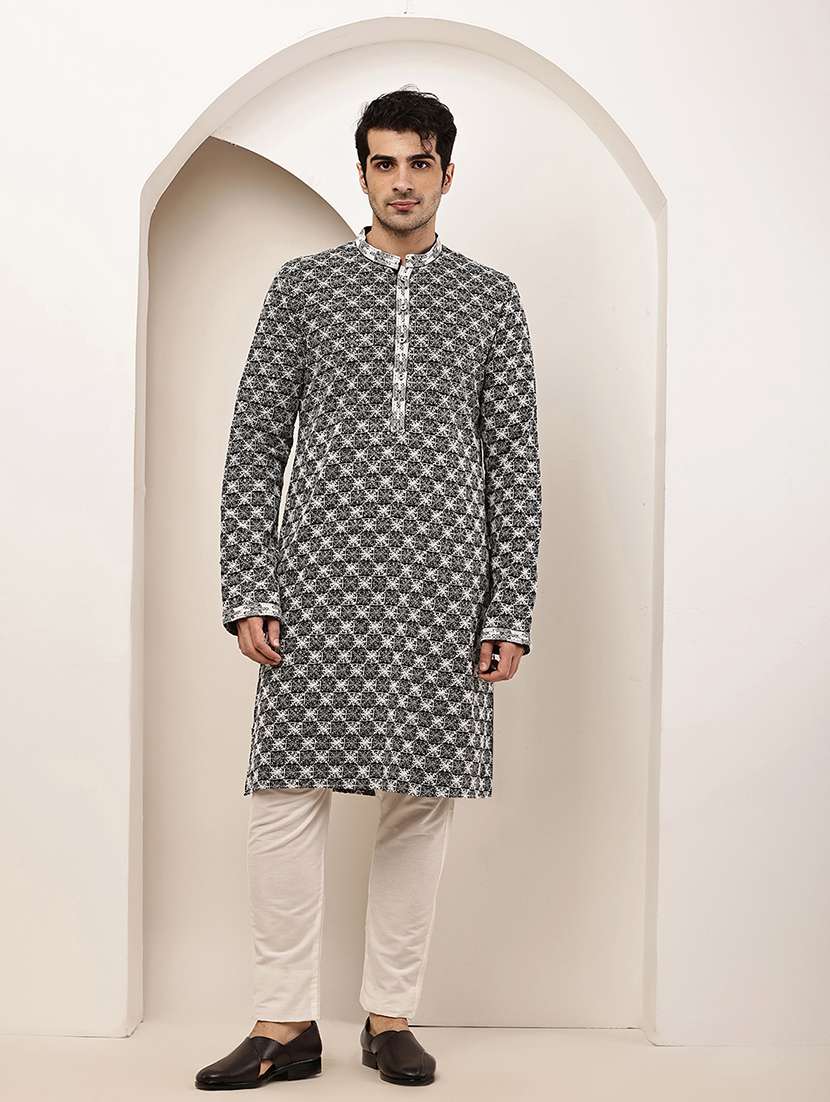 men solid with work mandarin neck long kurta