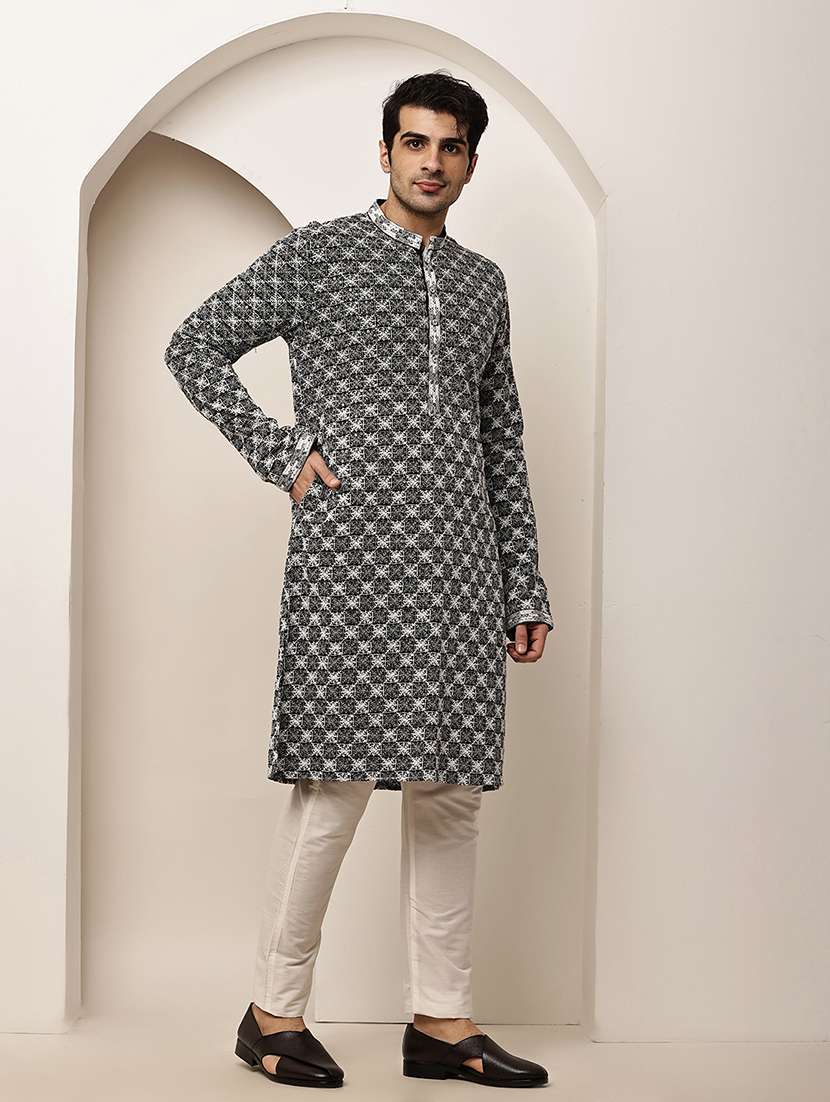 men solid with work mandarin neck long kurta - 22615978 -  Standard Image - 3