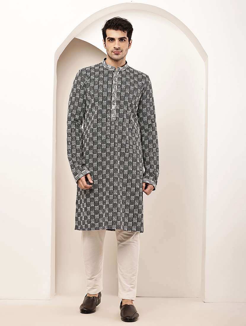 men solid with work mandarin neck long kurta