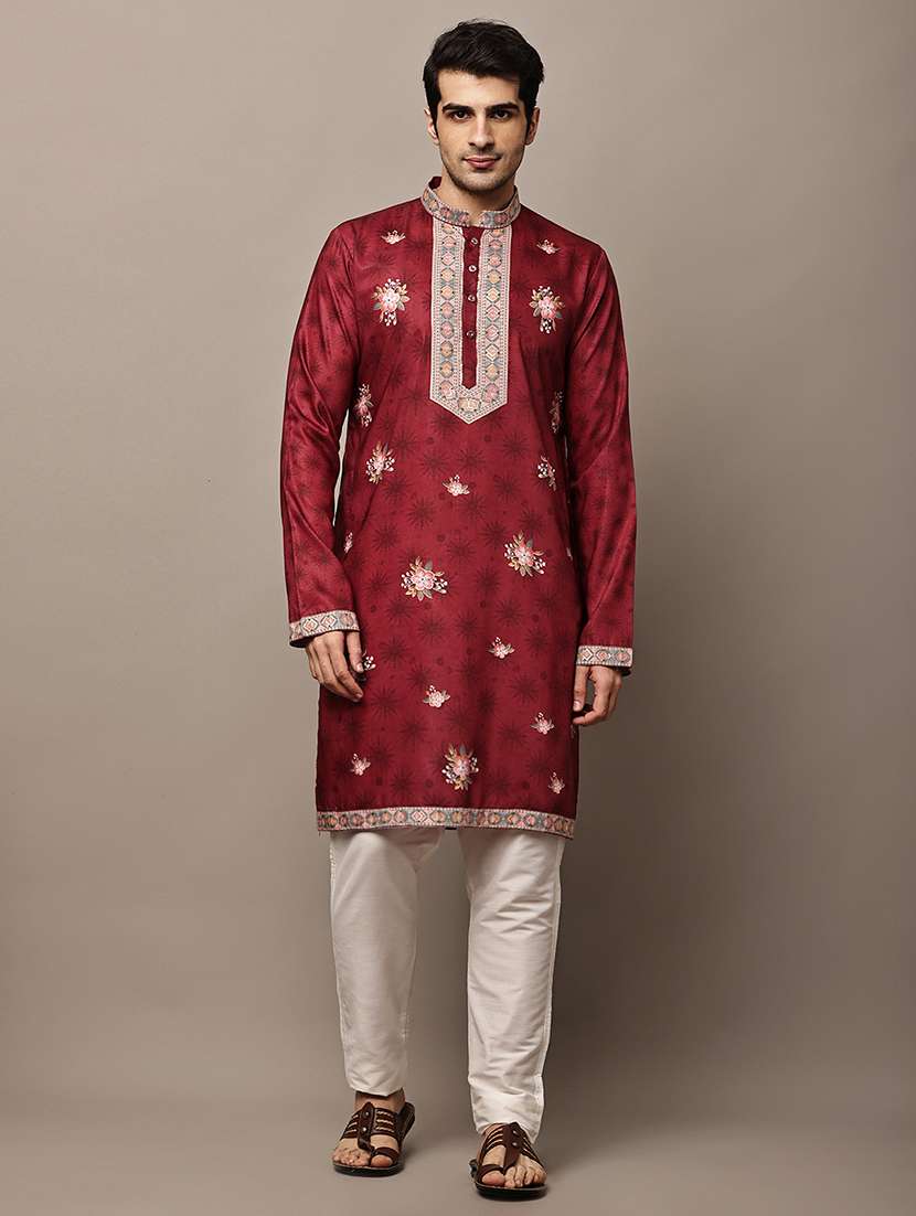 men printed mandarin neck long kurta