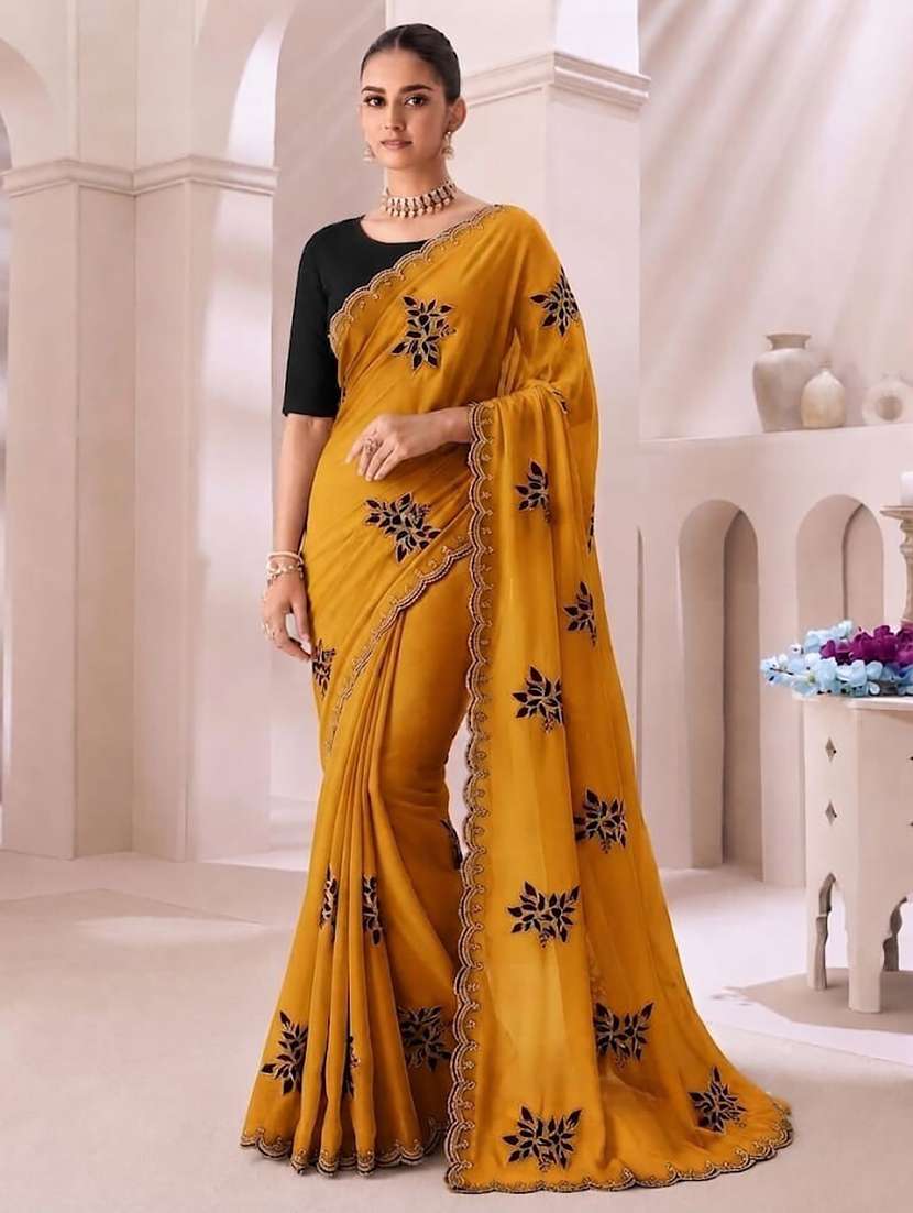 women solid with work embroidered saree with blouse