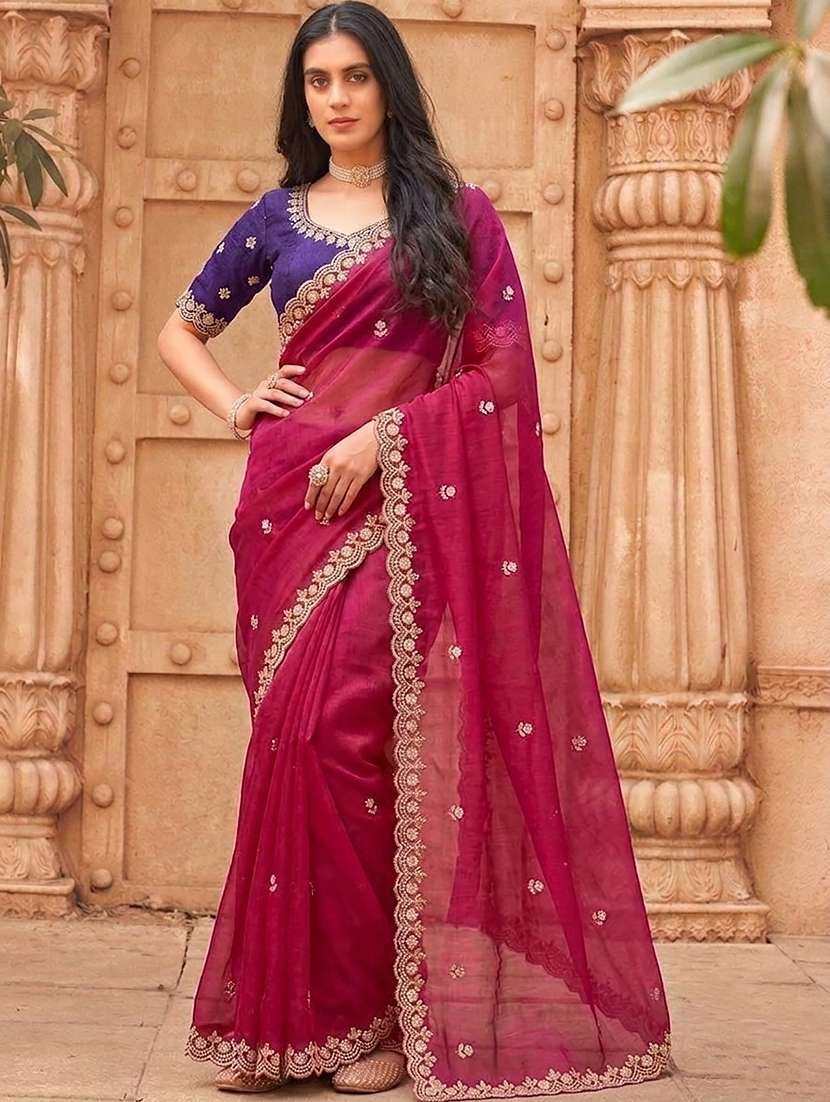 women solid with work embroidered saree with blouse