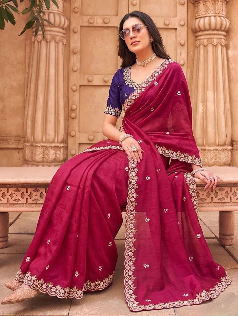 Women Solid With Work Embroidered Saree With Blouse - 22616041 -  Standard Image - 3