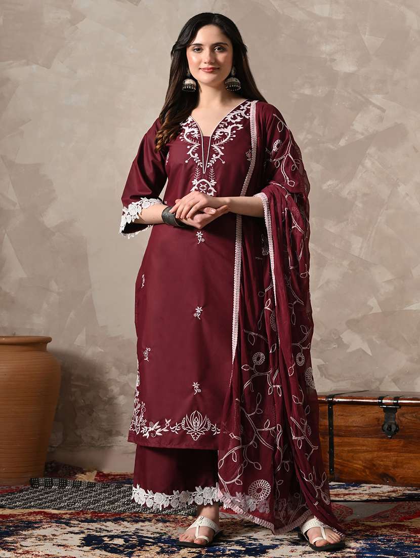 women embroidered three quarter sleeves kurta palazzo set with dupatta