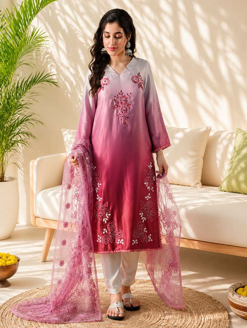 women embroidered three quarter sleeves kurta pant set with dupatta