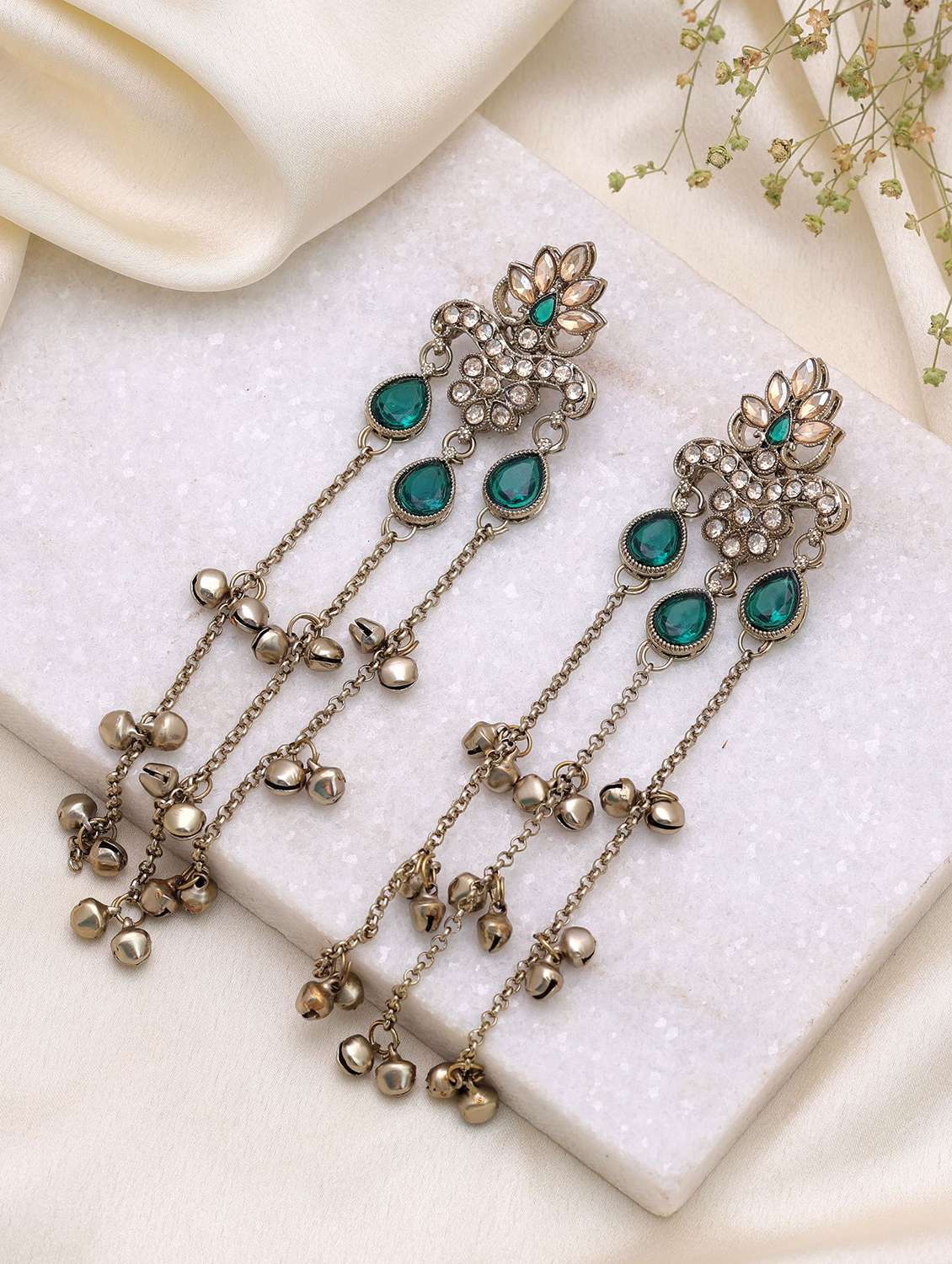 green color long kashmiri earrings festive jewelry design