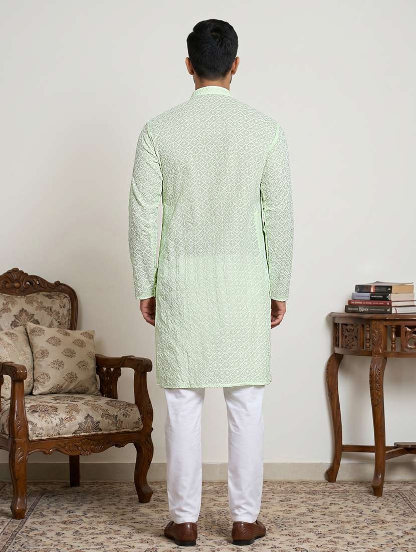 men solid with work mandarin neck kurta pyjama set - 22616134 -  Standard Image - 3