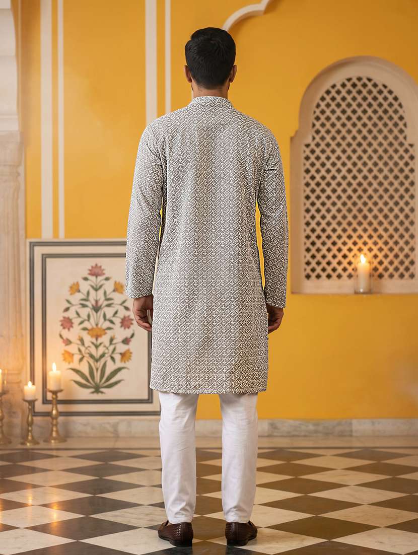 men solid with work mandarin neck kurta pyjama set - 22616135 -  Standard Image - 3