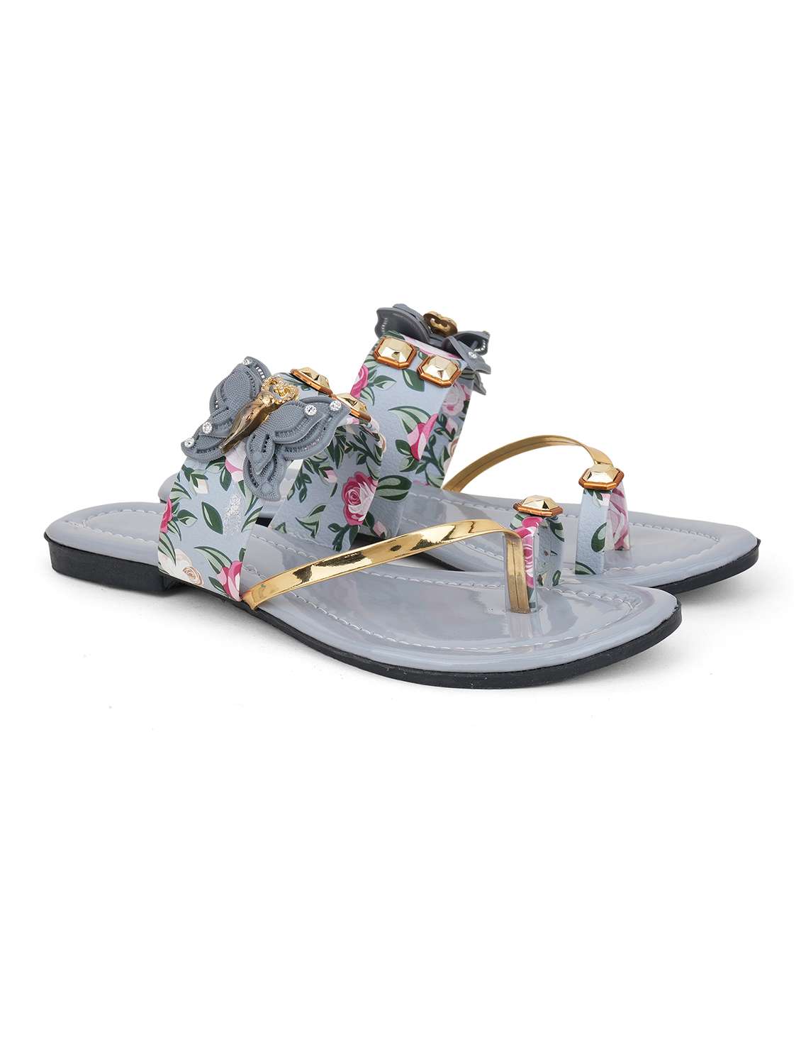 women floral printed one toe flats