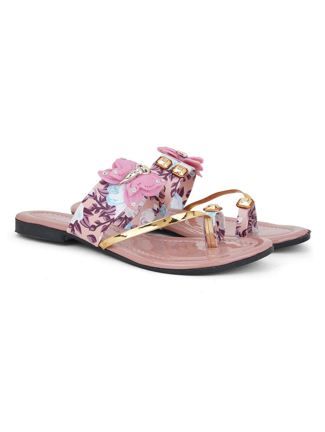 women floral printed one toe flats