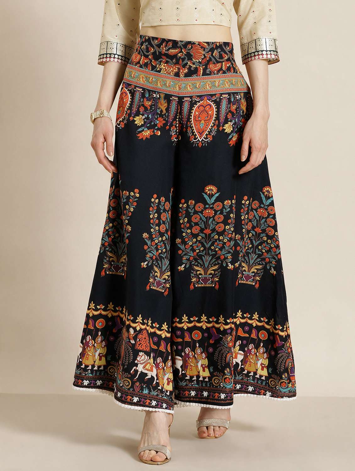 women printed mid rise flared palazzo