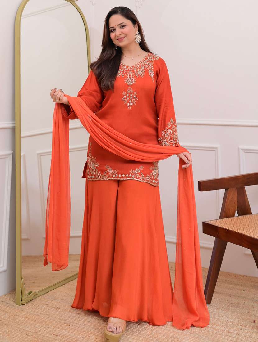 women embroidered long sleeves kurta sharara set with dupatta