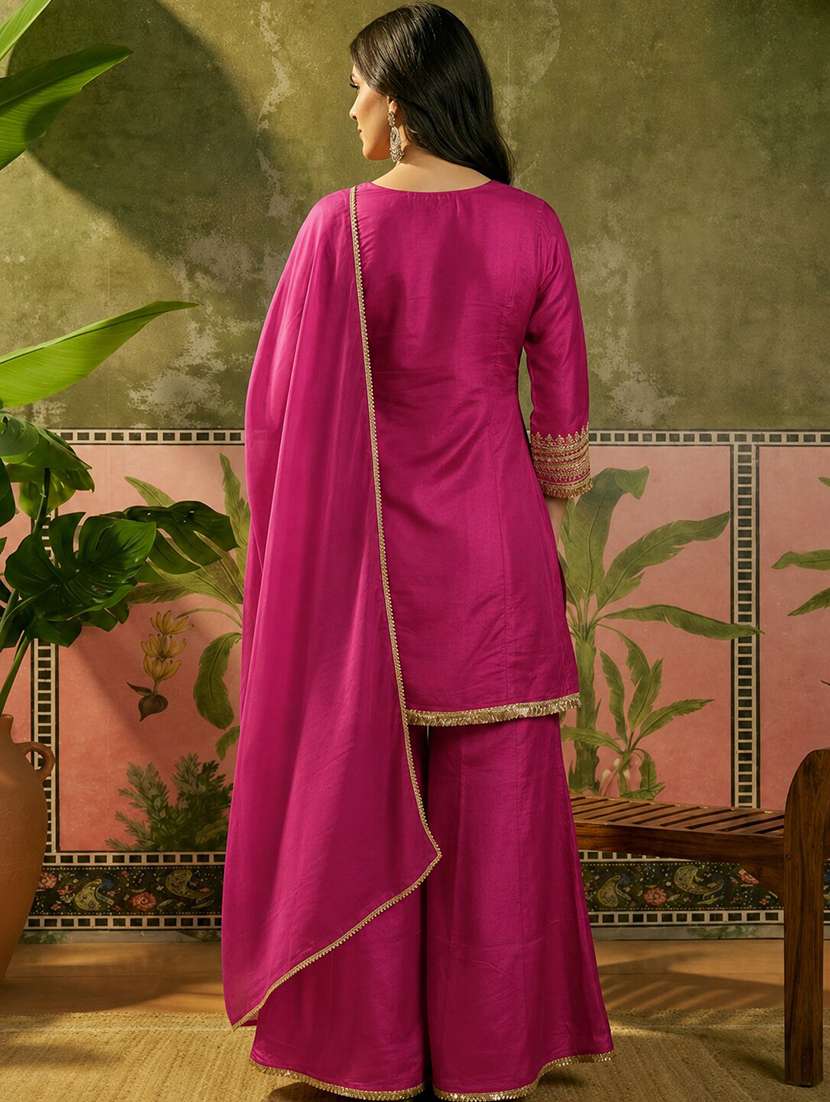 women embroidered three quarter sleeves kurta sharara set with dupatta - 22616367 -  Standard Image - 3