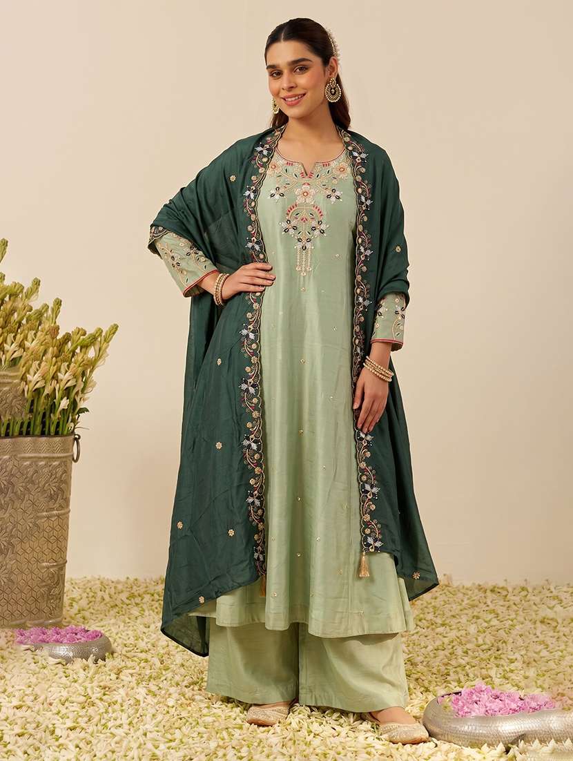 women embroidered three quarter sleeves kurta palazzo set with dupatta
