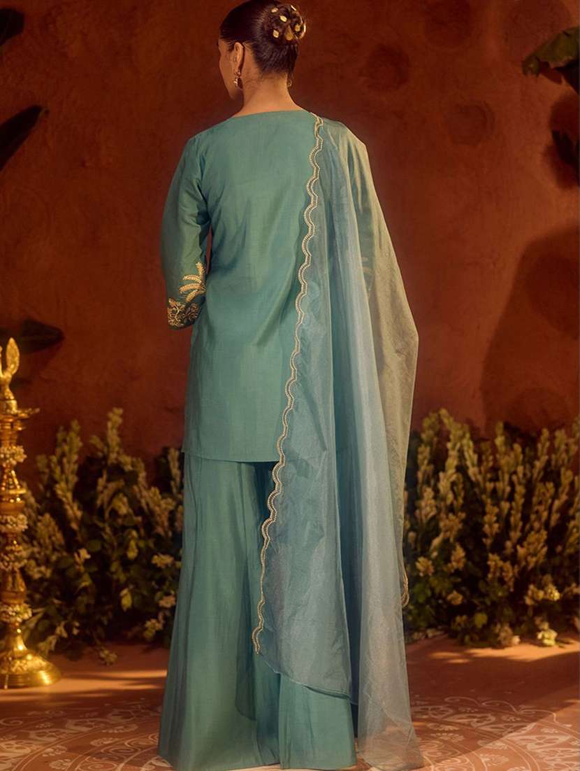 women embroidered three quarter sleeves kurta sharara set with dupatta - 22616375 -  Standard Image - 3