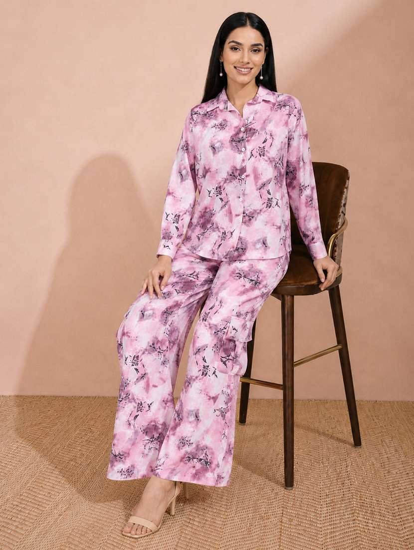 women printed long sleeves shirt and trouser co-ord set