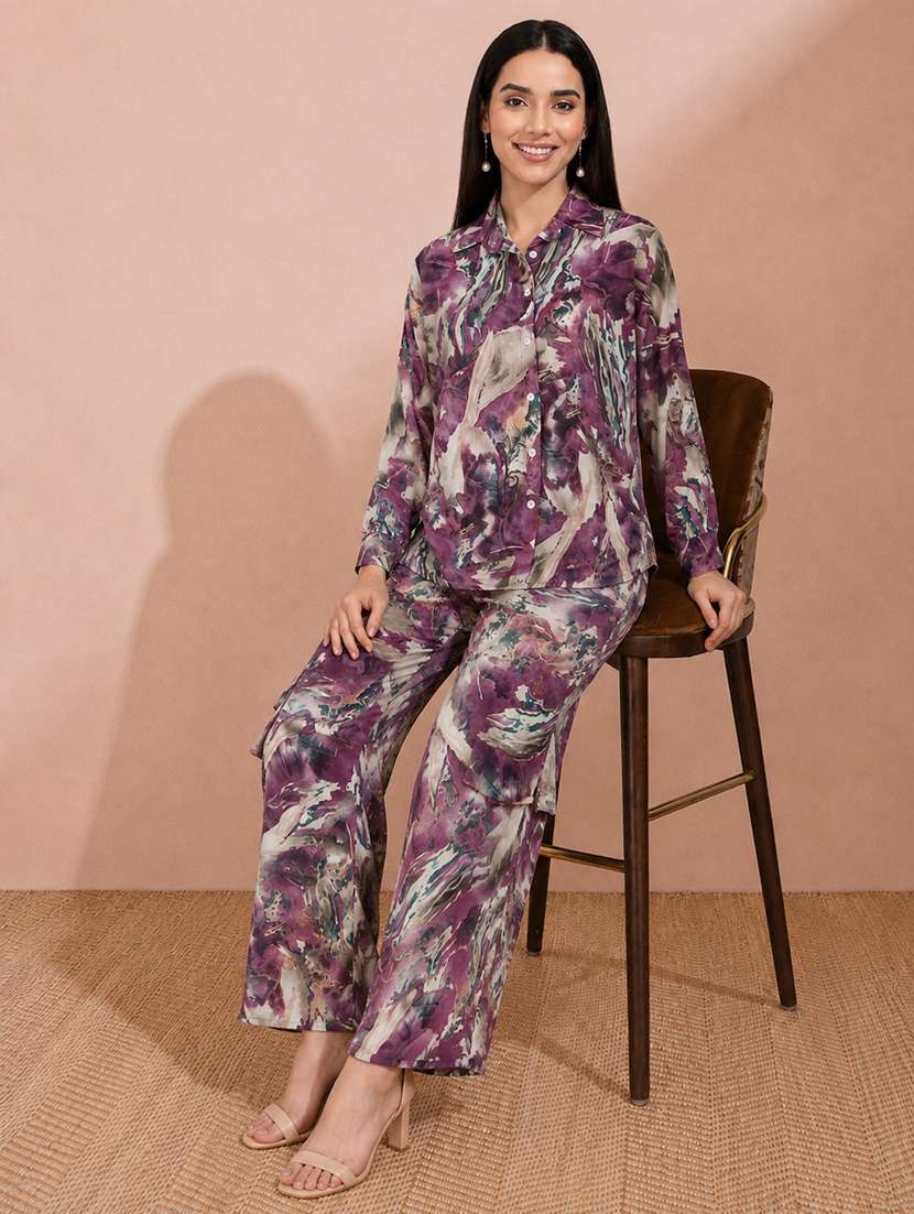 women printed long sleeves shirt and trouser co-ord set