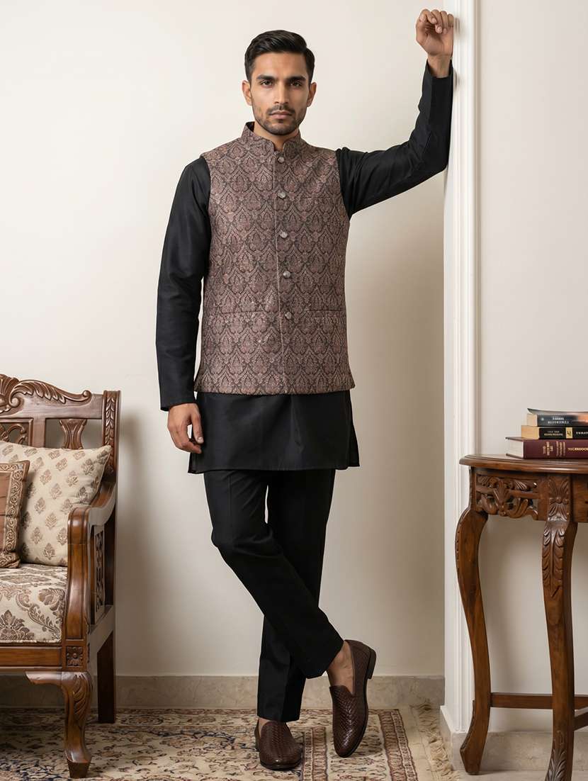 Men Printed Mandarin Neck Kurta Pyjama With Jacket Set - 22616430 -  Standard Image - 3