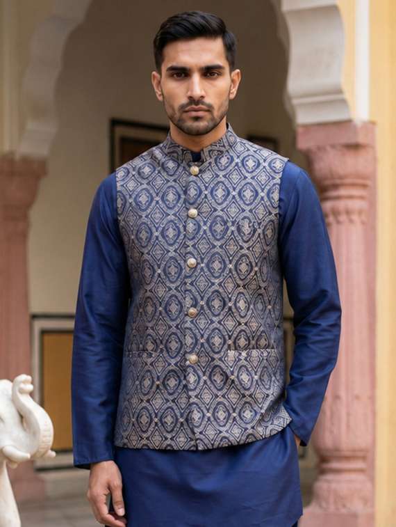 men self design mandarin neck nehru jacket - 22616552 -  Standard Image - 3