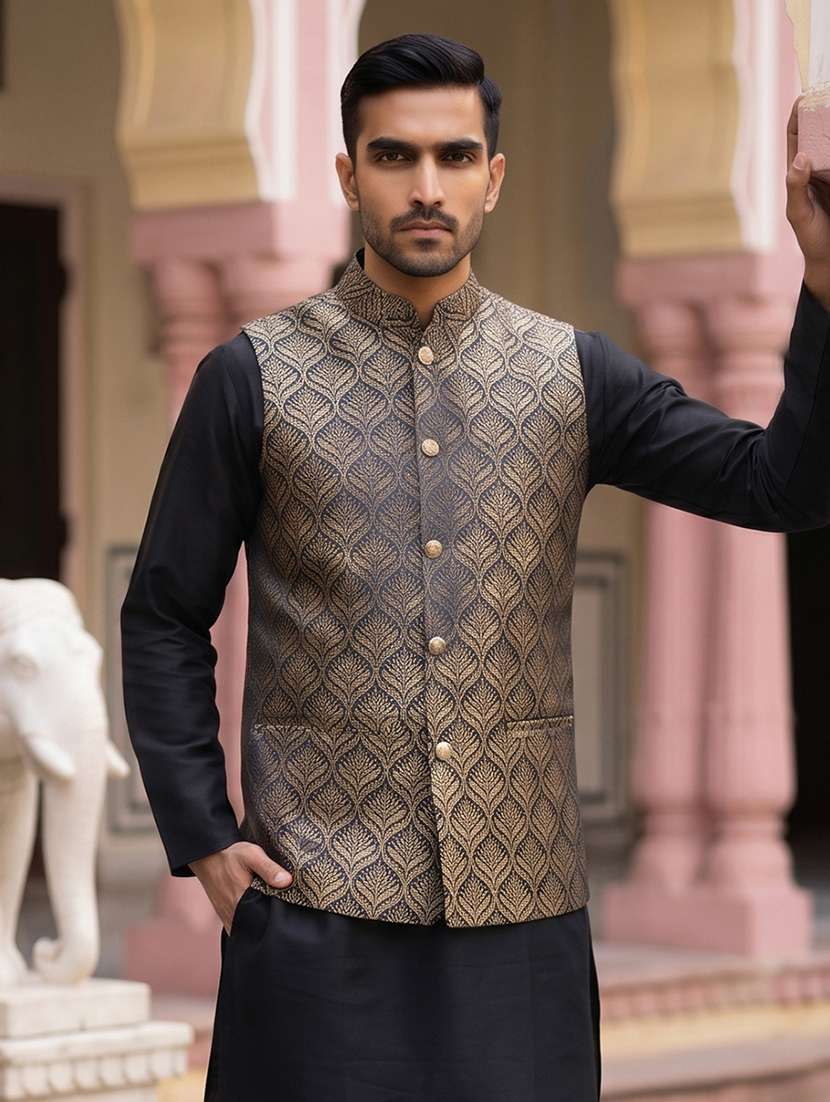 men self design mandarin neck nehru jacket