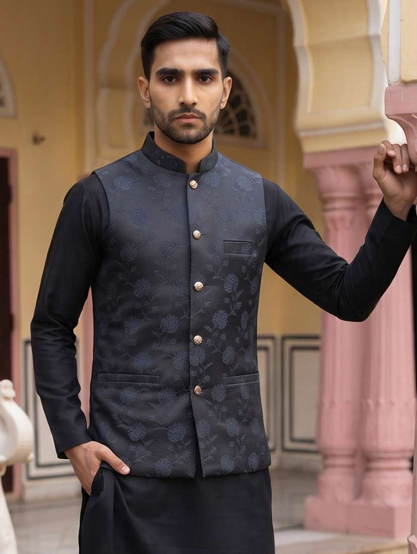 men self design mandarin neck nehru jacket