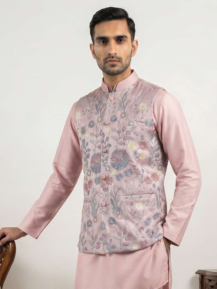 men solid with work mandarin neck nehru jacket
